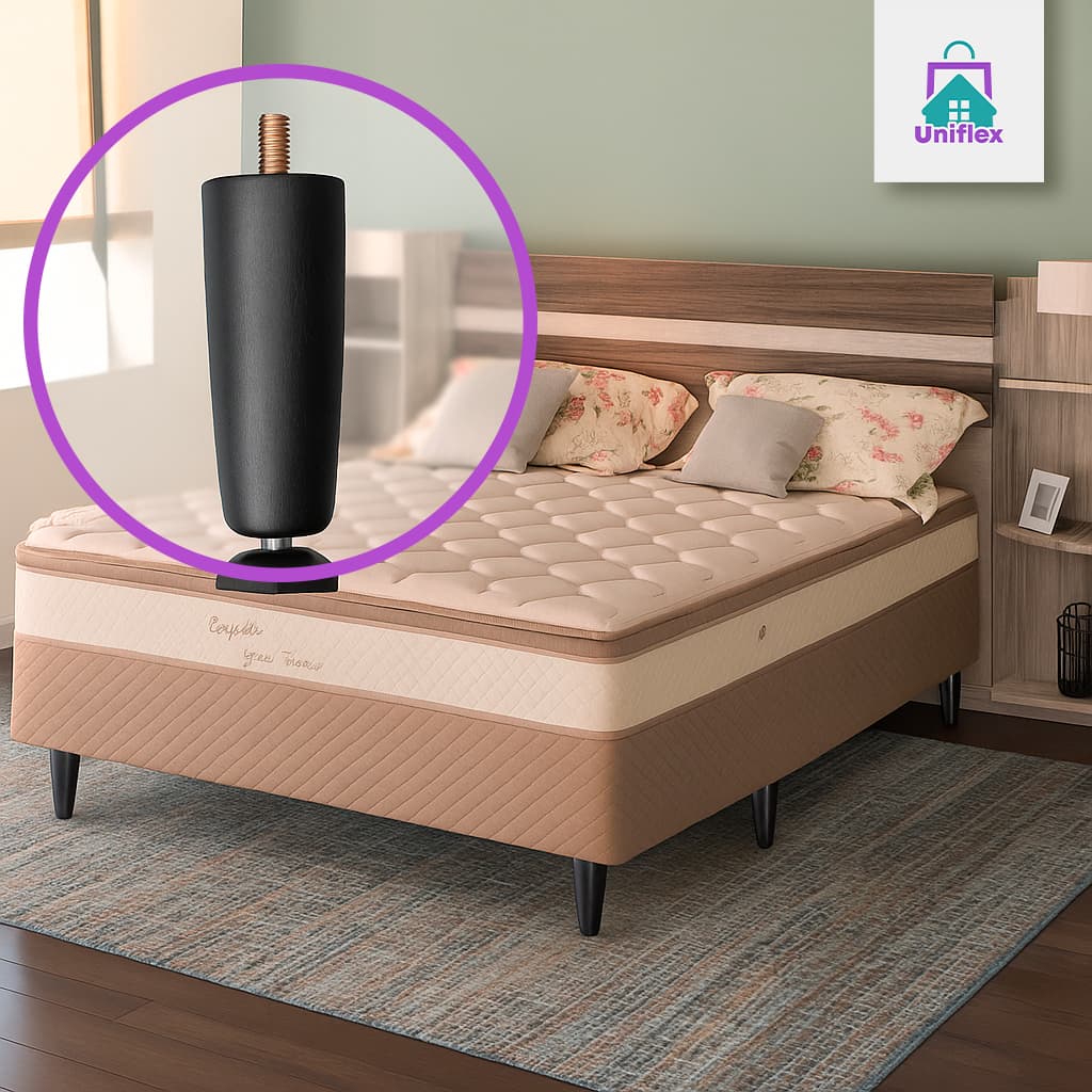 Pés para Cama Box com Nivelador 12cm Madeira Maciça 6 Unidades Preto Casal e Solteiro