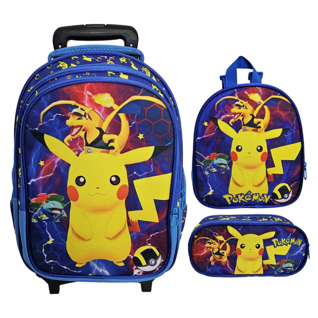 Kit Mochila Escolar Com Rodinha Estojo Lancheira Pokemon, Pikachu