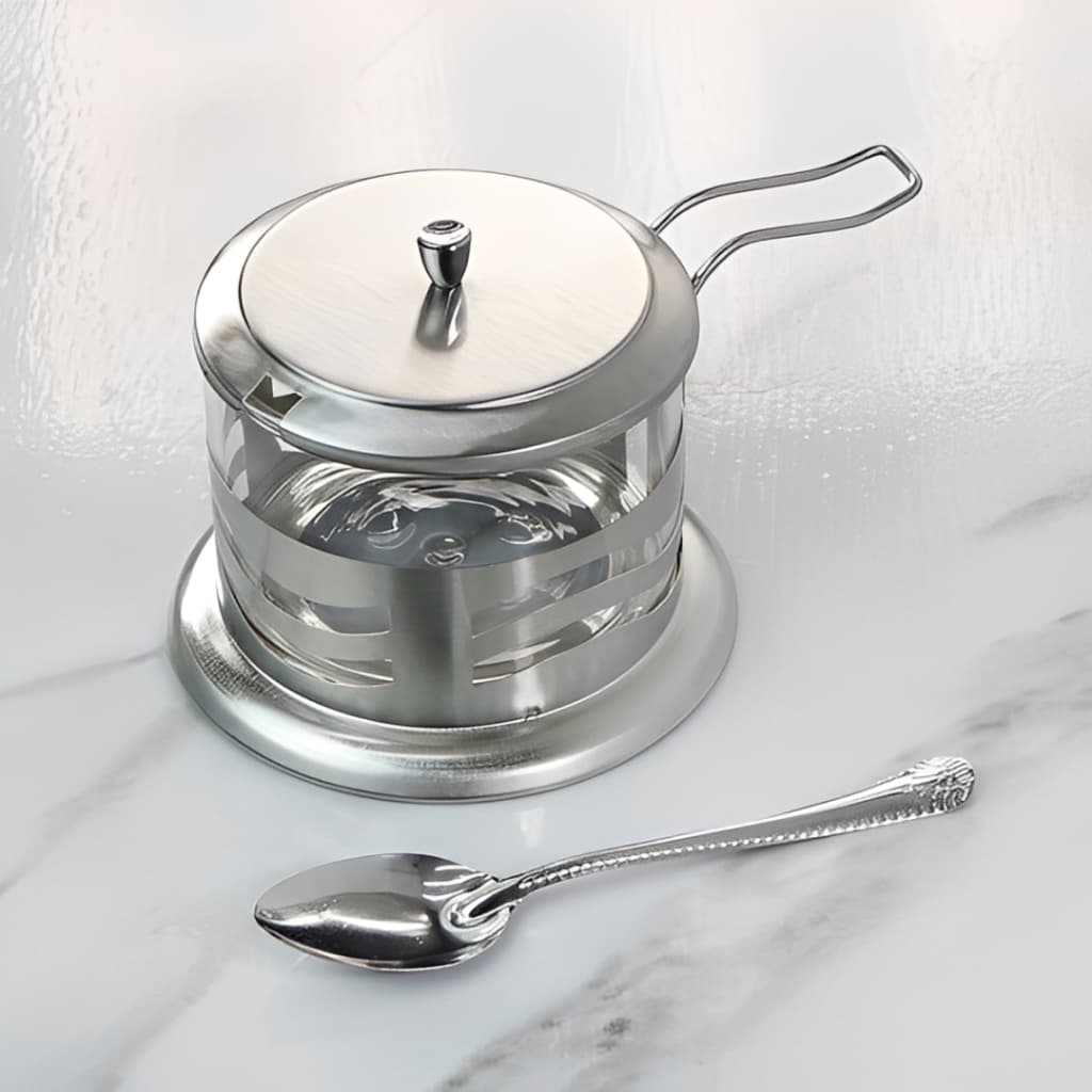 Açucareiro Vidro e Inox 200ml Com Colherzinha e Tampa