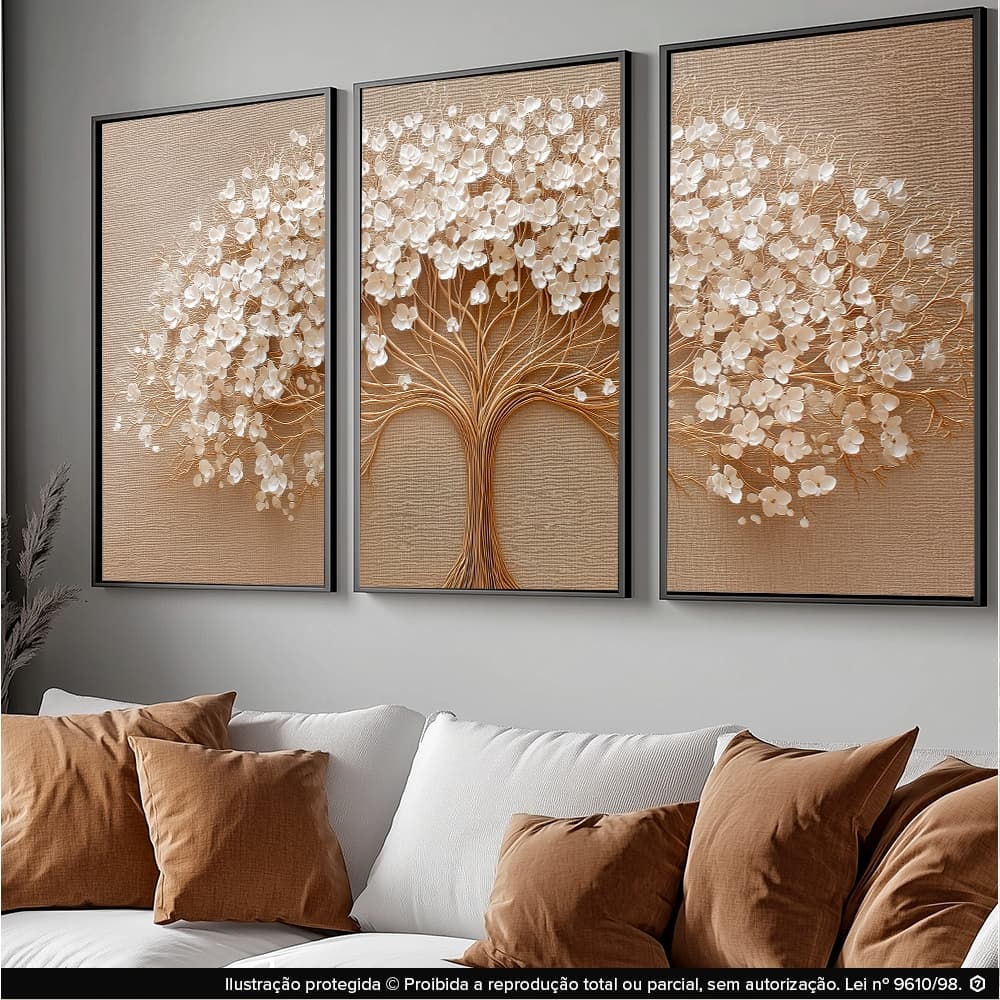 Kit 3 Quadros Decorativos Árvore Floral em Relevo 3D – Arte Moderna Luxo Bege e Dourado