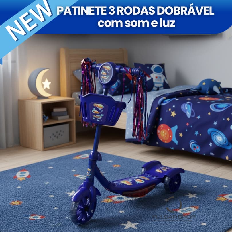Patinete Infantil 3 Rodas com Led Som e Cesta Menino até 35kg