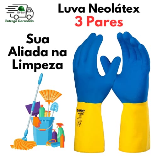 Kit 3 pares de Luvas de segurança em Neoprene e Látex NEOLÁTEX Segurança Limpeza Proteção EPI