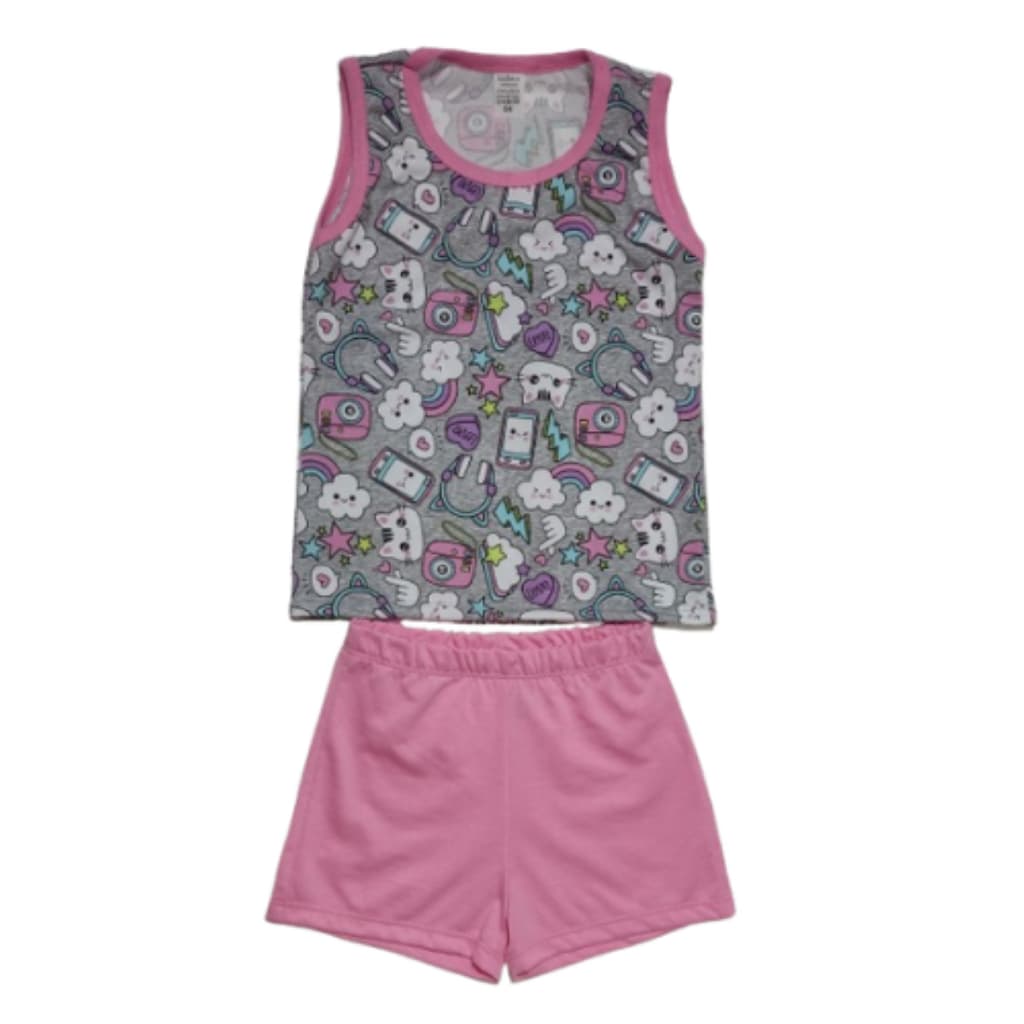 Pijama Infantil 4 a 6 Anos Malha PV Verão Regata Shorts Doll