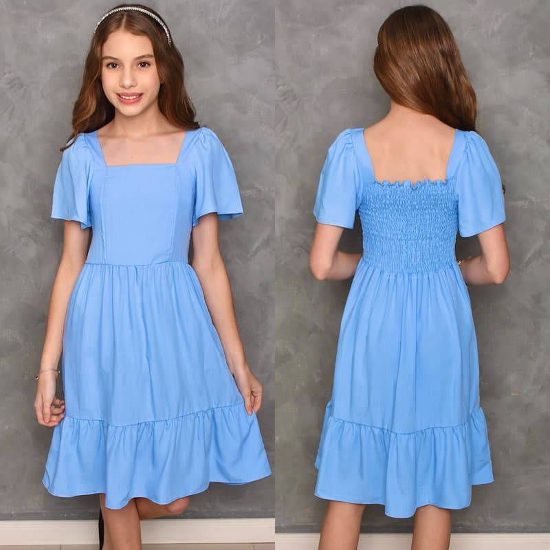Vestido Juvenil Viscolinho Decote Quadrado Manga Sino Elastex | Idade 10 a 16 Anos