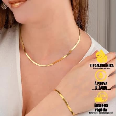 Kit Conjunto colar de osso de cobra Laminado e Pulseira Corrente de Feminimo Folheados Banhada Ouro