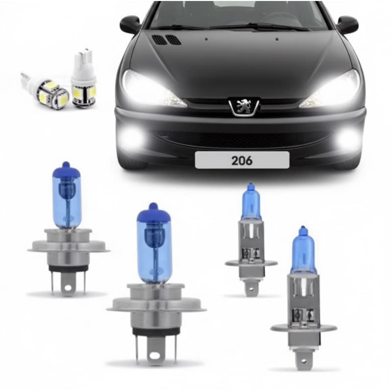 Kit Lampadas Peugeot 206 Super Brancas Farol H4 Milha H1 Farol de Foco Simples o