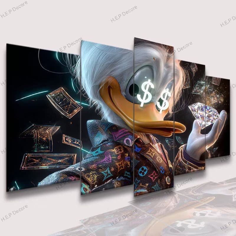 Quadro decorativo Tio Patinhas. Dinheiro 5 Peças.