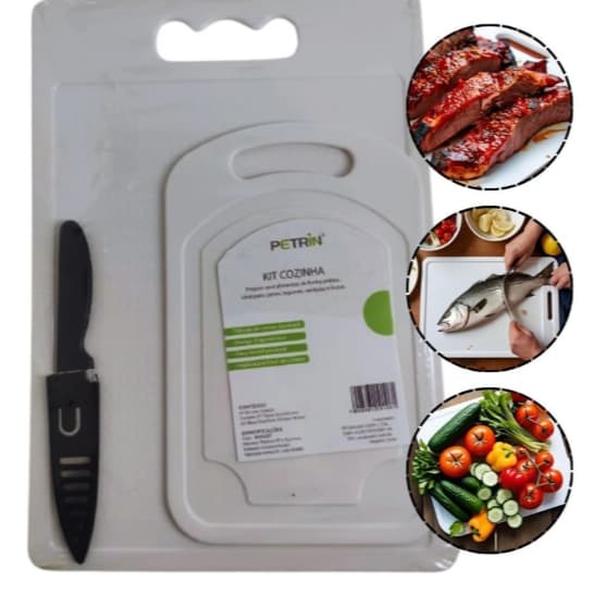 HKX kit 3 Conjunto 2 Tábuas Corte Carne Churrasco + 1 Faca de Cozinha Aço Inox RD1427