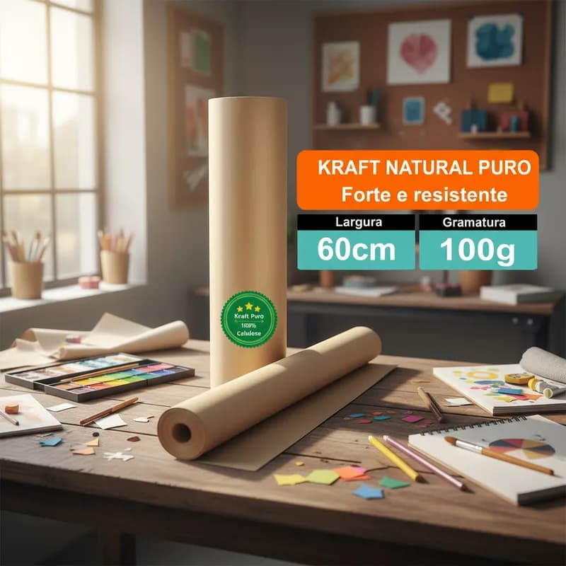 Papel Kraft Natural Puro 100g/m² Bobina 60cm Rolo 10, 15, 20, 30, 40 e 50 Metros Embalagem Sacolas moldes Artes