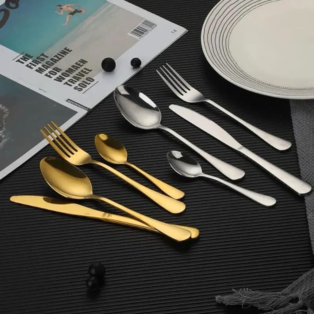 Jogo Talheres Premium Kit 24 Peças em Aço Inox Faqueiro Luxo Lançamento Prata e Dourado