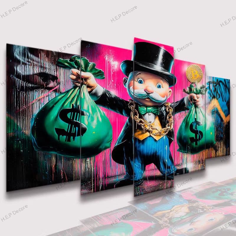 Quadro Mosaico Sr. Monopoly Gangster com Bitcoin - Street Art Luxo 115x60 cm