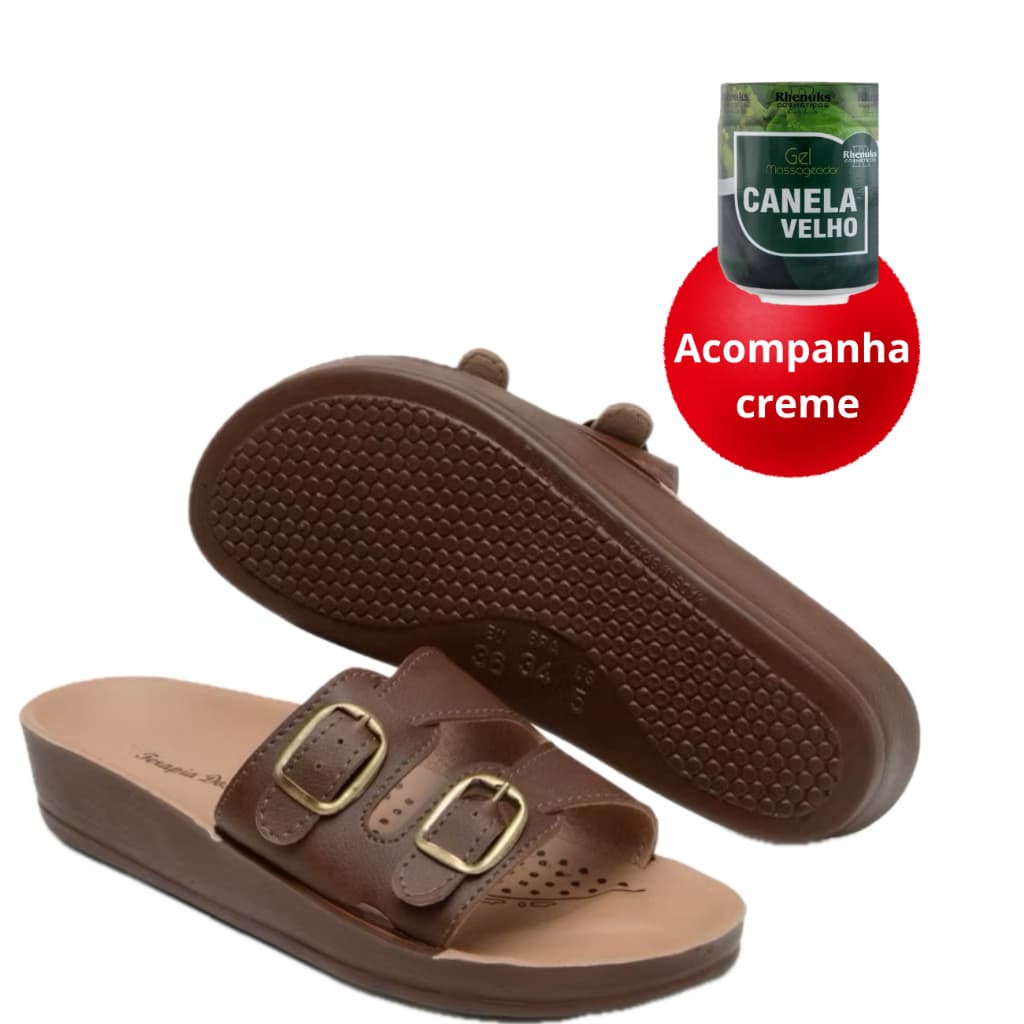 Sandália Ortopédica Ultra Conforto p/esporão, fascite plantar Acompanha creme relaxante Canela velho
