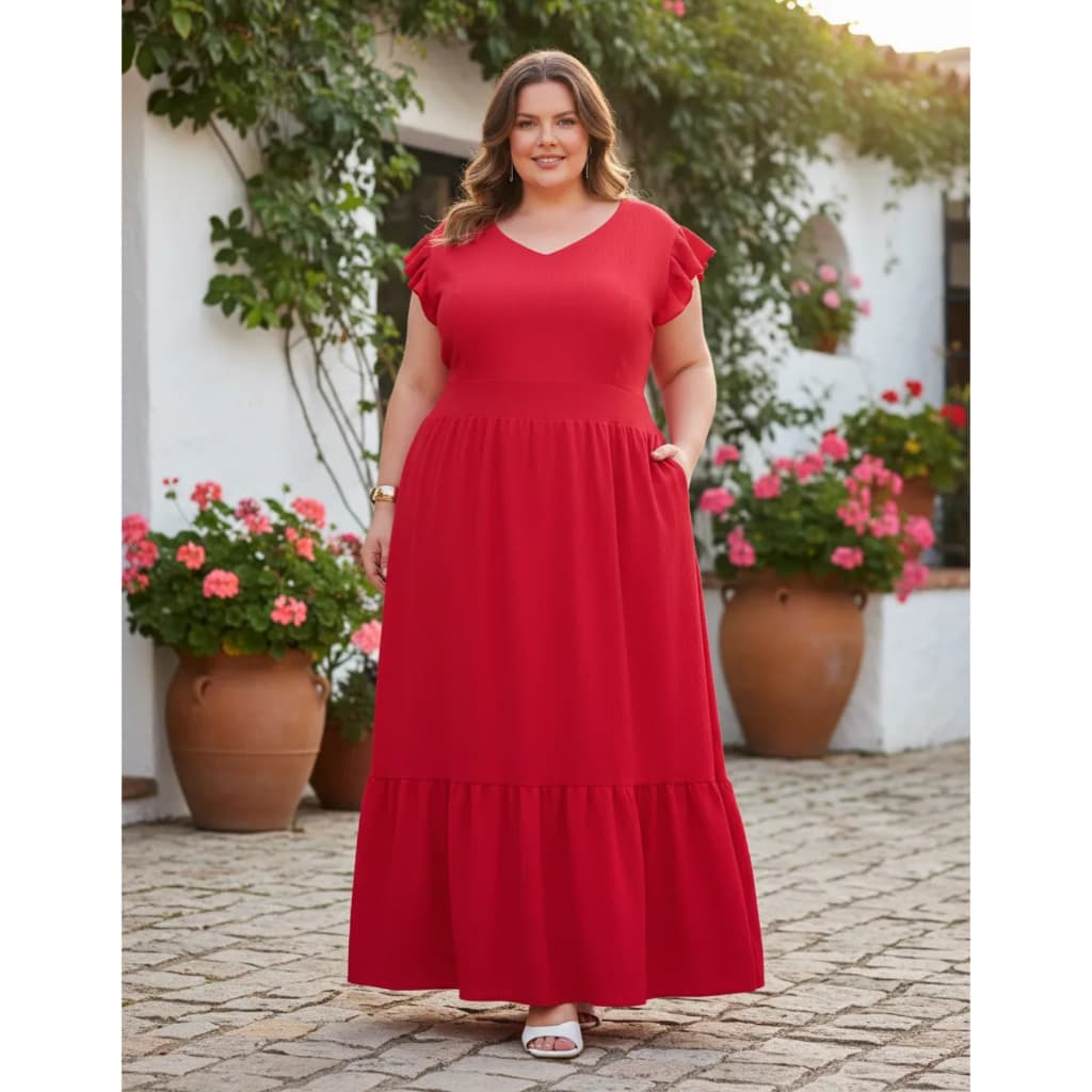 Vestido longo feminino plus size vermelho evangélico de festa elegante  moda grande 54 ao 60