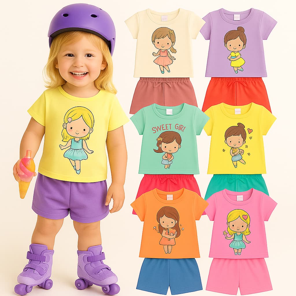 Kit 4 Peças Premium Infantil Menina Verão 2 ao 8- Conjunto Feminino- Kit 2 Conjuntos Verão Sortidos