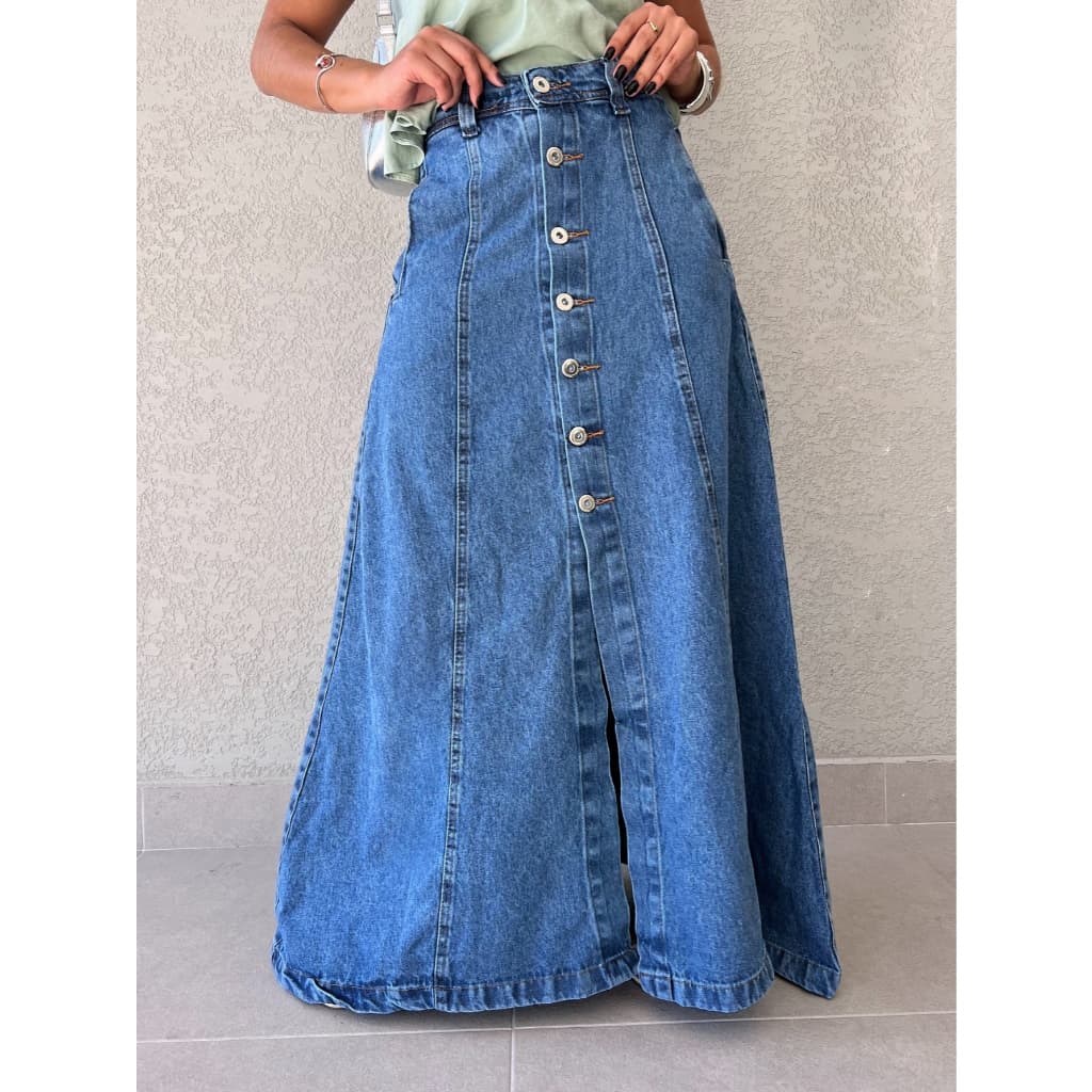 kissmelady 1023 saia longa jeans feminina  sem rascada