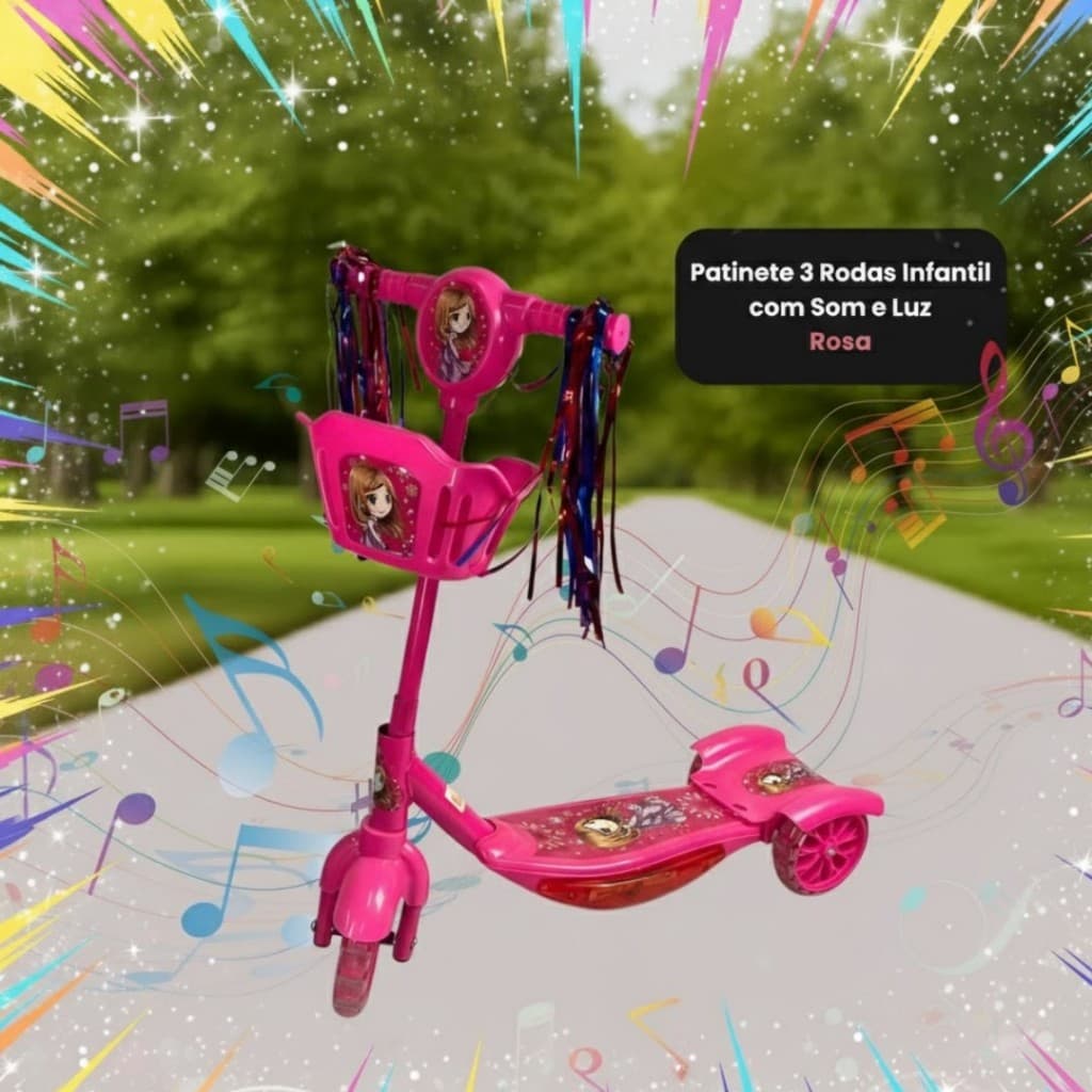 Patinete Infantil 3 Rodas Dobrável Som Luz Cestinha Freio Traseiro Equilíbrio Musical Rosa Menina