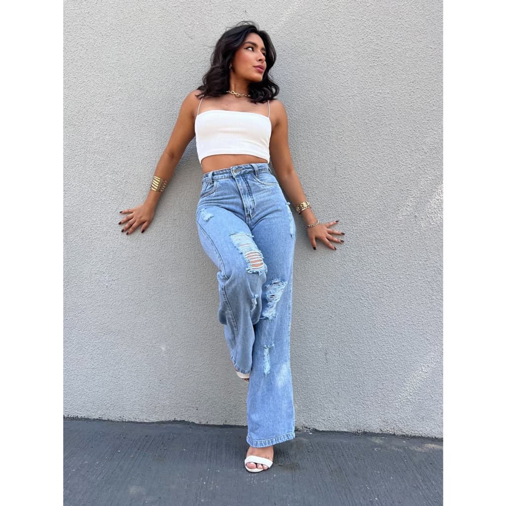kissmelady 1300 Calça Jeans feminina com rascada cintuta alta pantalona jeans wide leg Lisa 1300