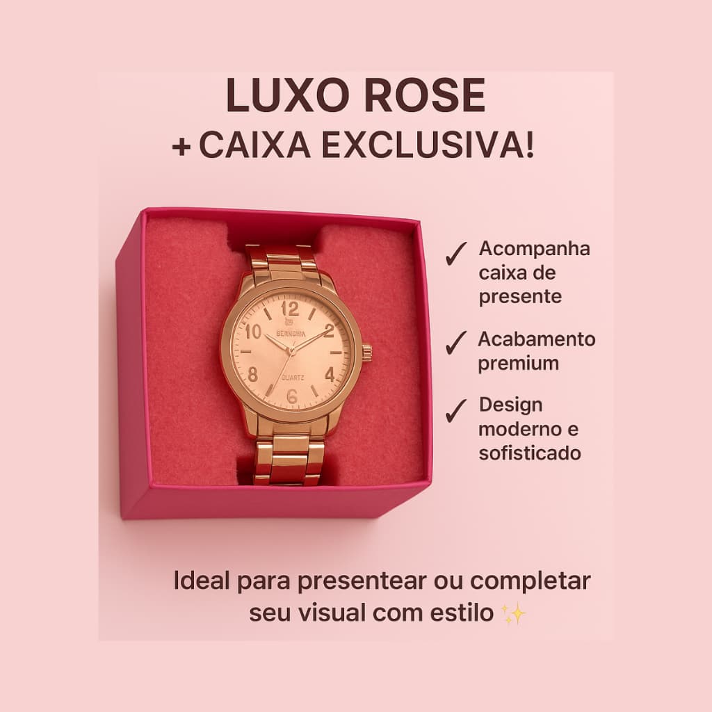 Relógio Feminino Luxo Rose à Prova d’Água + Caixa Exclusiva!