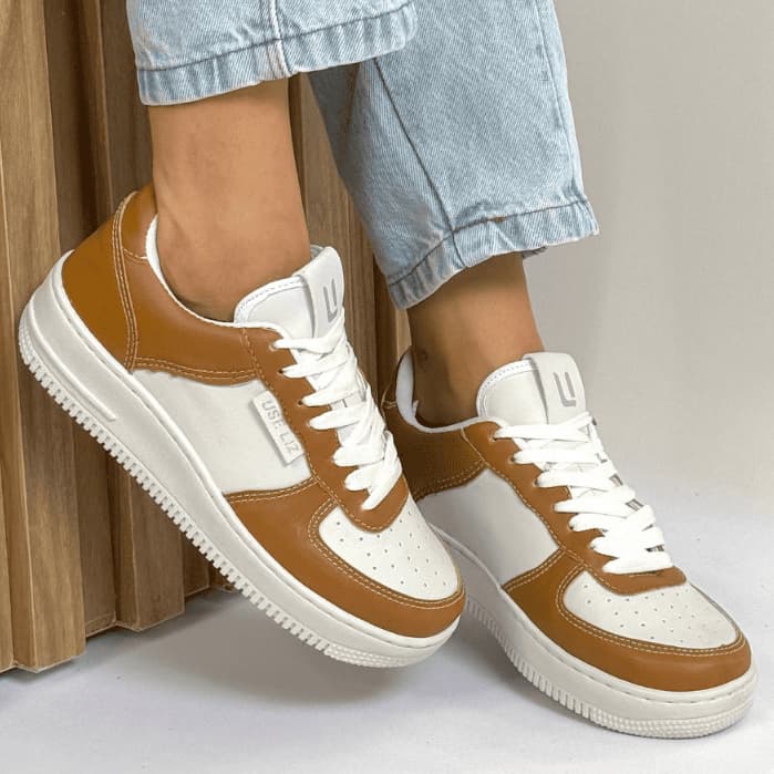 Tênis Feminino Casual Caramelo Branco Cinza Moda Dia a Dia Confortável Macio Leve