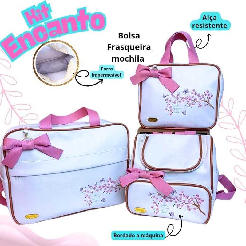 Bolsa Maternidade kit completo 3 peças impermeável bordado menina e menino