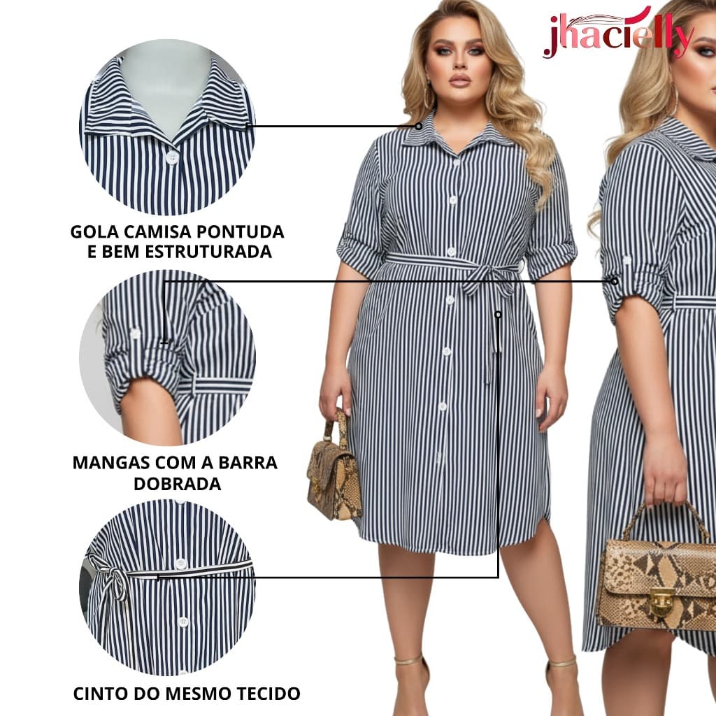 Vestido Chemise Feminino Plus Size Listrado manga 3/4 com botões elegante G1 G2 G3