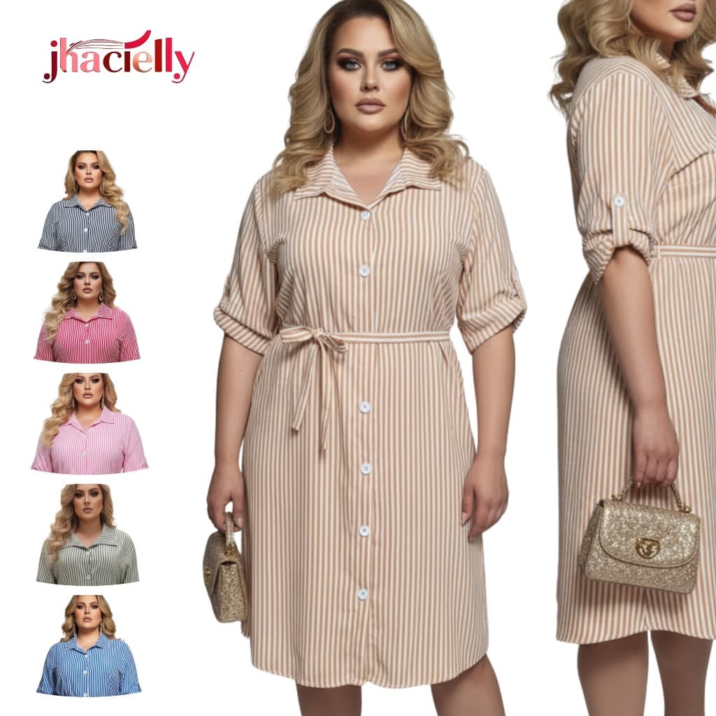 Vestido Chamise Feminino Plus Size Listrado Camisão Social Manga 3/4 G1 G2 G3