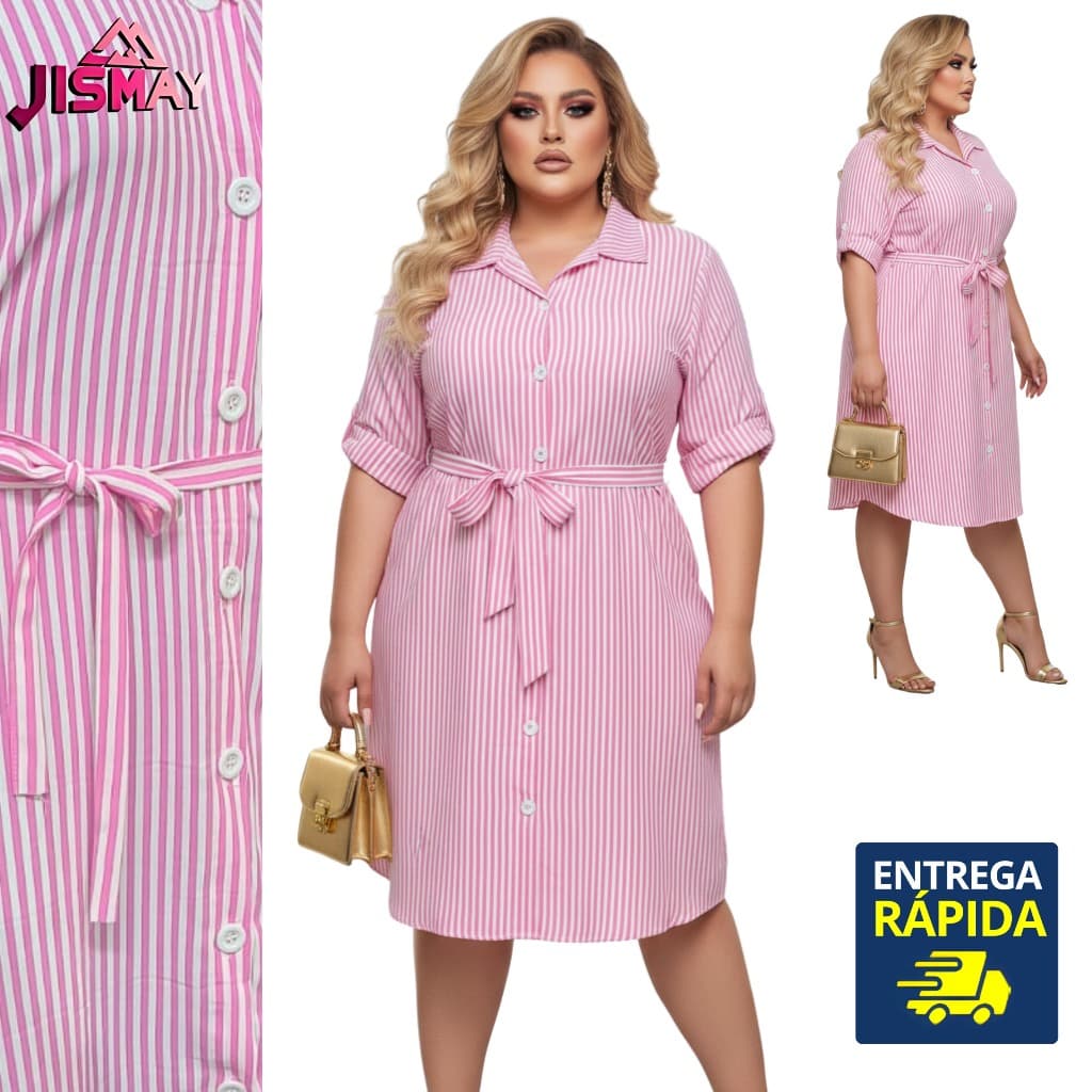 Vestido Chemise listrada  Midi Com Cinto camição feminina