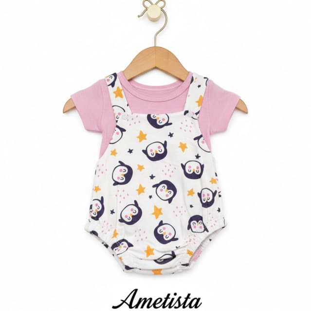 Romper Jardineira Bebê Menina com Blusa Macaquinho Estampado Infantil 100% Algodão RN a 4 Meses