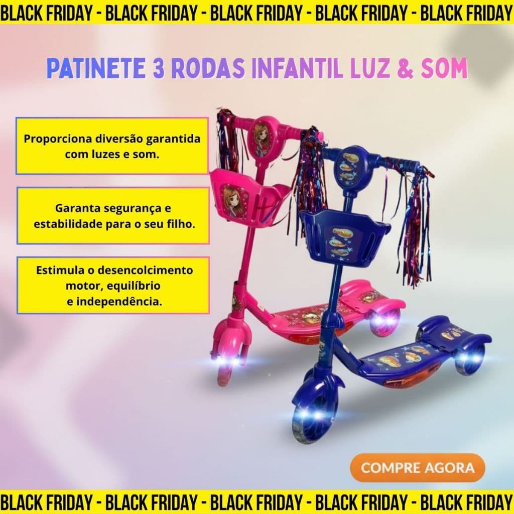Patinete Infantil Dobrável Triciclo Luzes Sons Segurança Azul Rosa