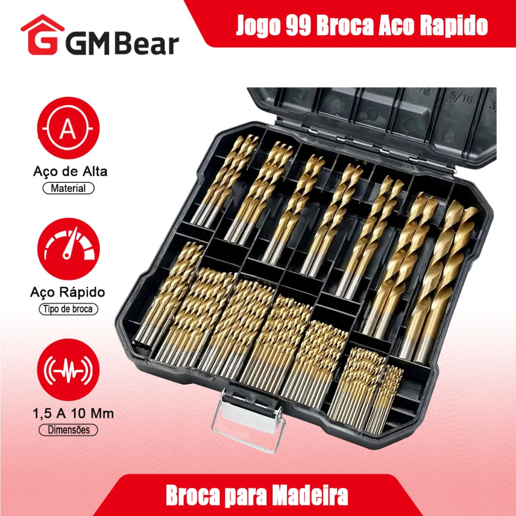 GM Bear Kit de Brocas para Madeira e Metal - Jogo de 99 Peças com Adaptador, Ideal para Furadeira | Jogo de broca