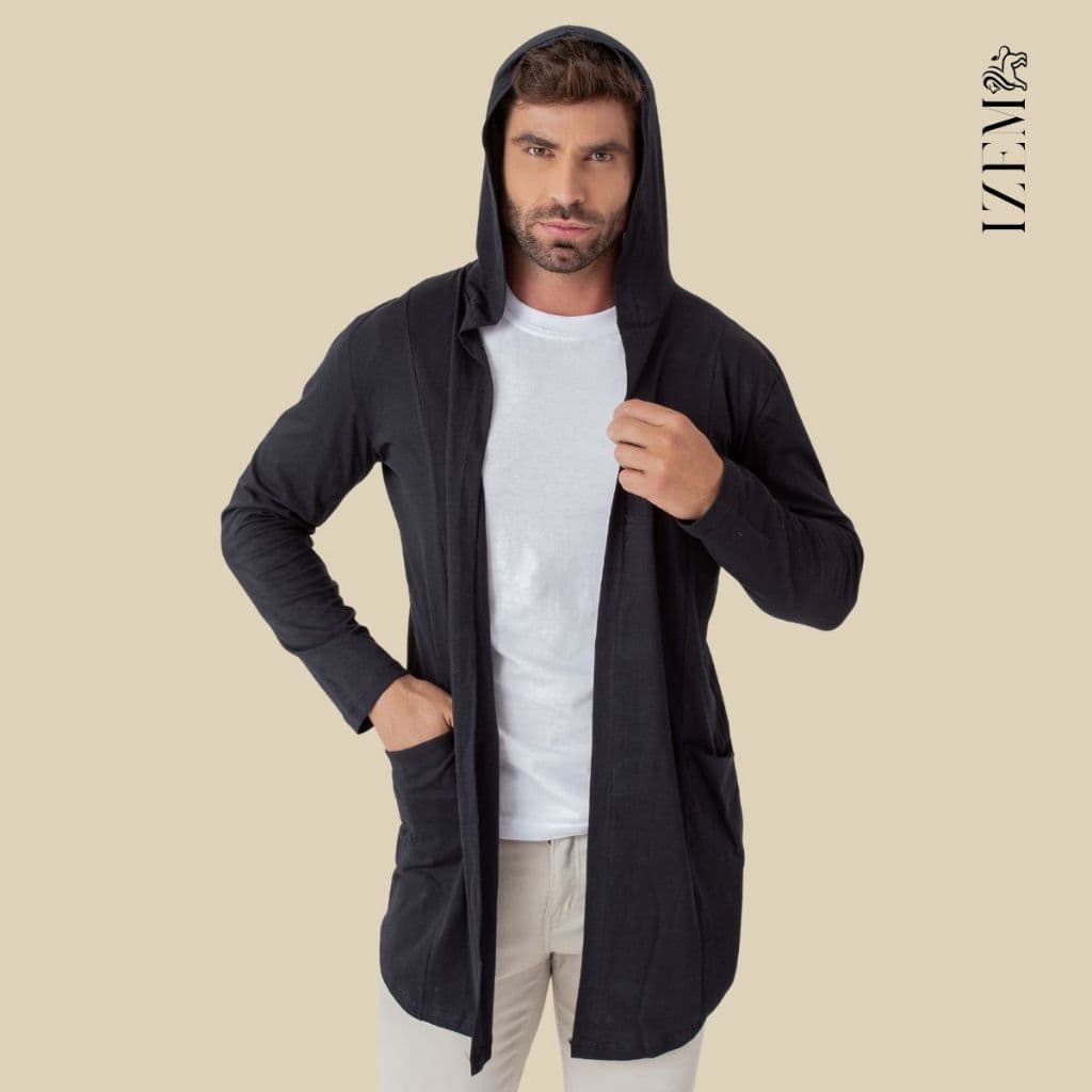 Cardigan Blazer Masculino Longo com Capuz de Algodão