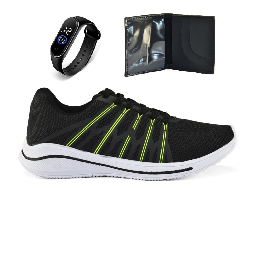 Tenis Masculino + Relogio + Carteira Esportivo Versatil Caminhada Treino Corrida Lançamento Promoção