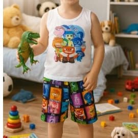 Pijama Infantil Menino Menina Camiseta Alça Feminina Regata Masculino Short Personagem Divertido LF048