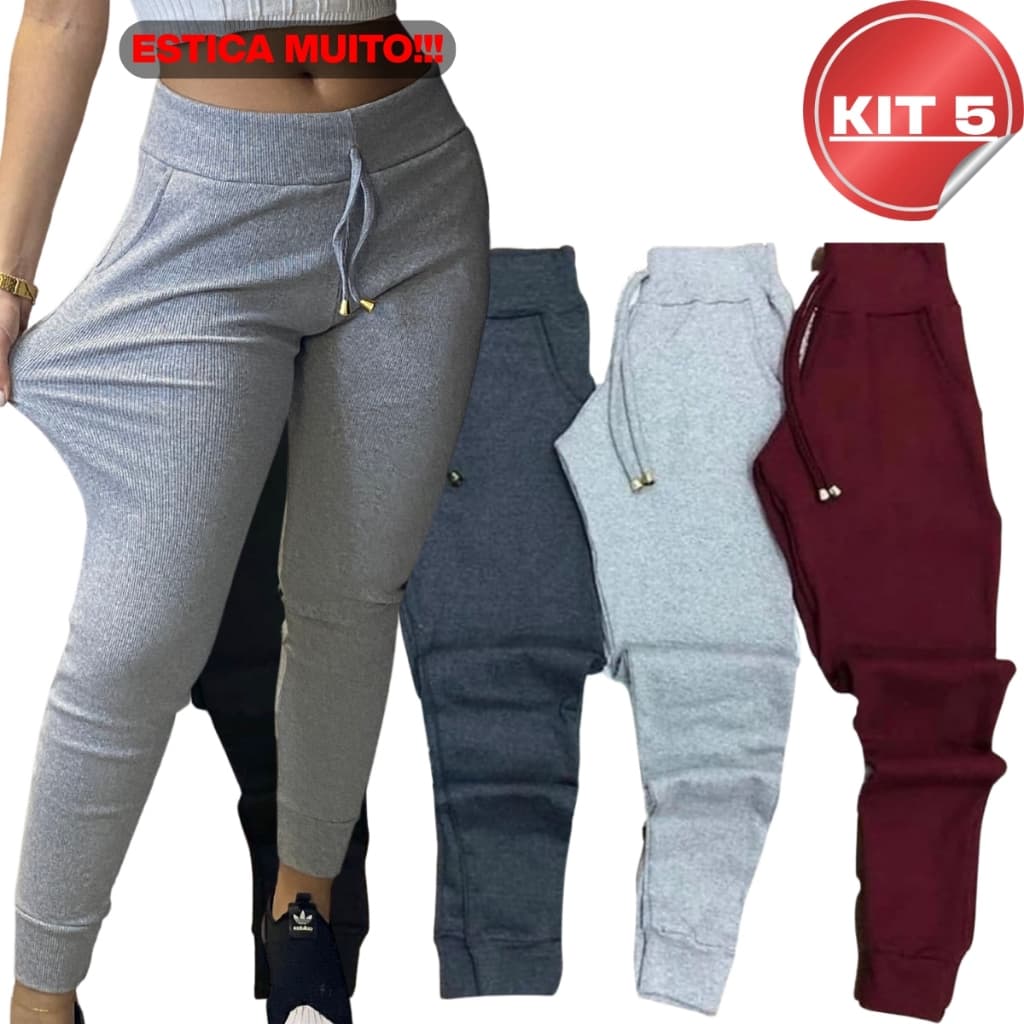 KIT 5 Calça Jogger Ribana Feminina Cintura Alta Tipo Calca Moletom Academia Feminino