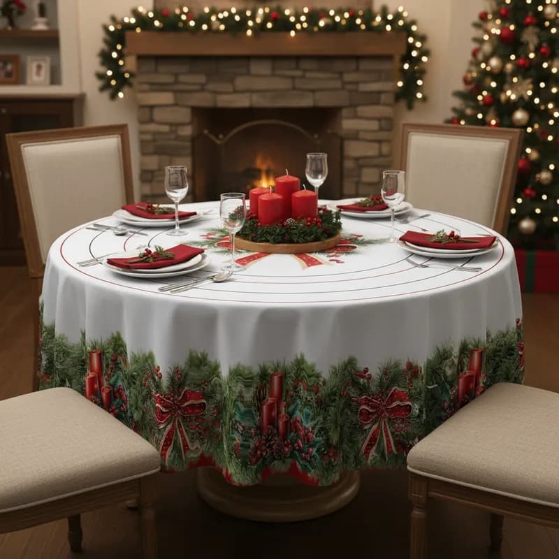 Toalha de Mesa Redonda Estampada Natalina 1,45 x 1,45 Estampa Natal Decoração Jantar Fim de Ano