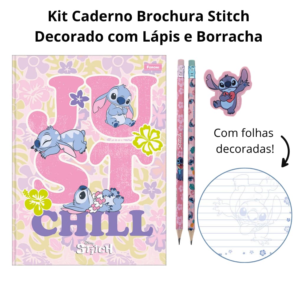 Kit Escolar Stitch Caderno Brochura Decorado Costurado 160fls