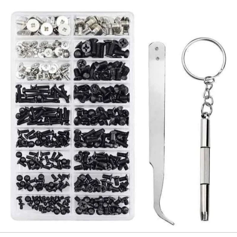 Kit 350 Mini Parafusos Notebook PC HD Celular M2 M3 M2.5 diversos com estojo pinça e chave