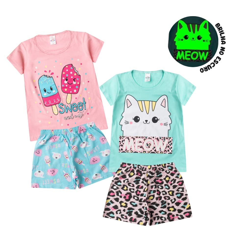 Kit 2 Conjuntos Pijama Algodão Verão Juvenil MENINA 10 ao 16 Brilha no Escuro