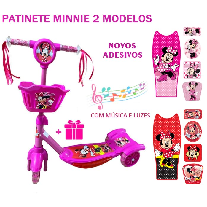 Patinete Infantil Minnie Rosa Menina 3 Rodas Musical Com Cesta Freio Altura Ajustável Pronta Entrega