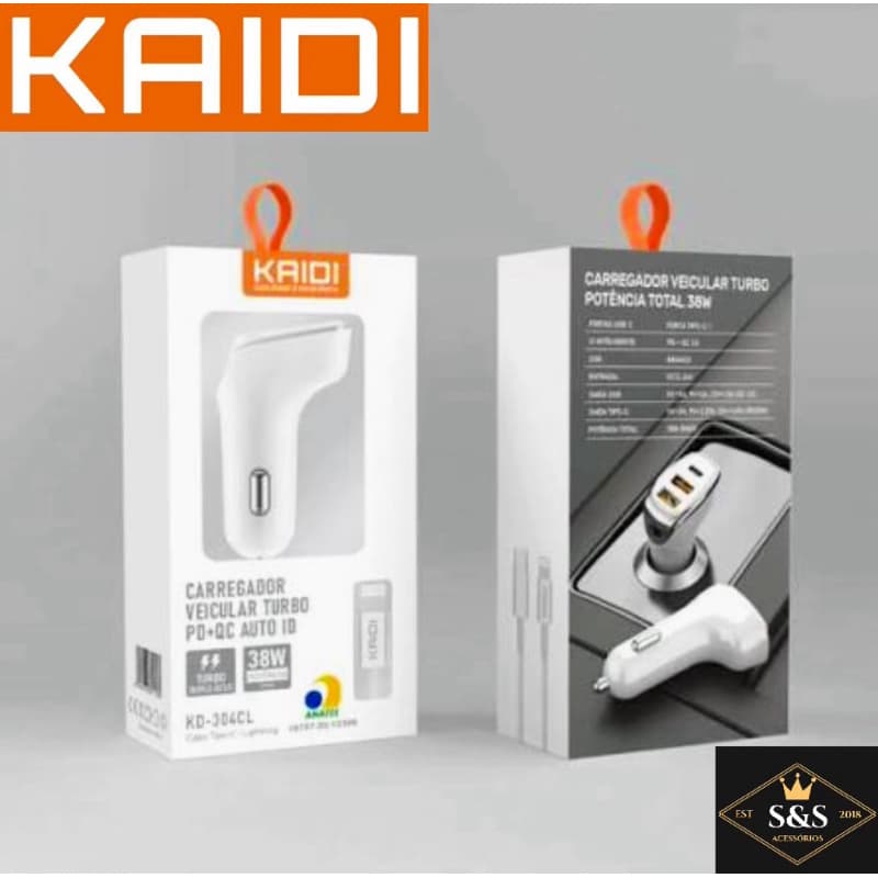 Carregador Veicular Turbo Tipo-C / 2X USB A, cabo de iphone, Kaidi Brasil KD-304 Com controlador de voltagem automático