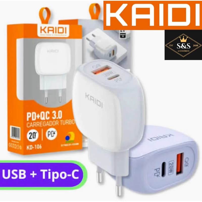 Fonte Caerregador Tomada Turbo Tipo-C / USB A, Kaidi Brasil KD-106 100% Original