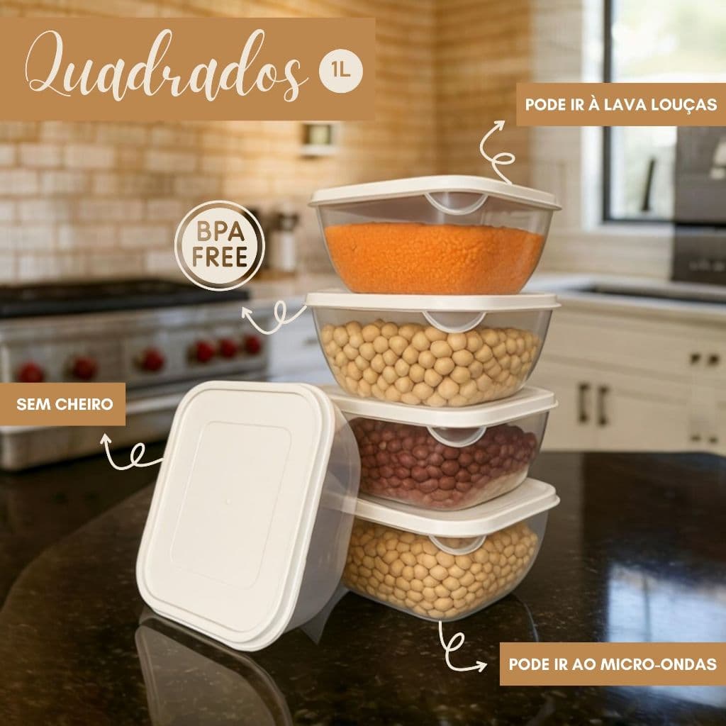 Kit 5 Potes Quadrados Transparentes 1L - LINHA CRISTAL, Livre de BPA Ideal Para Marmita Fitness