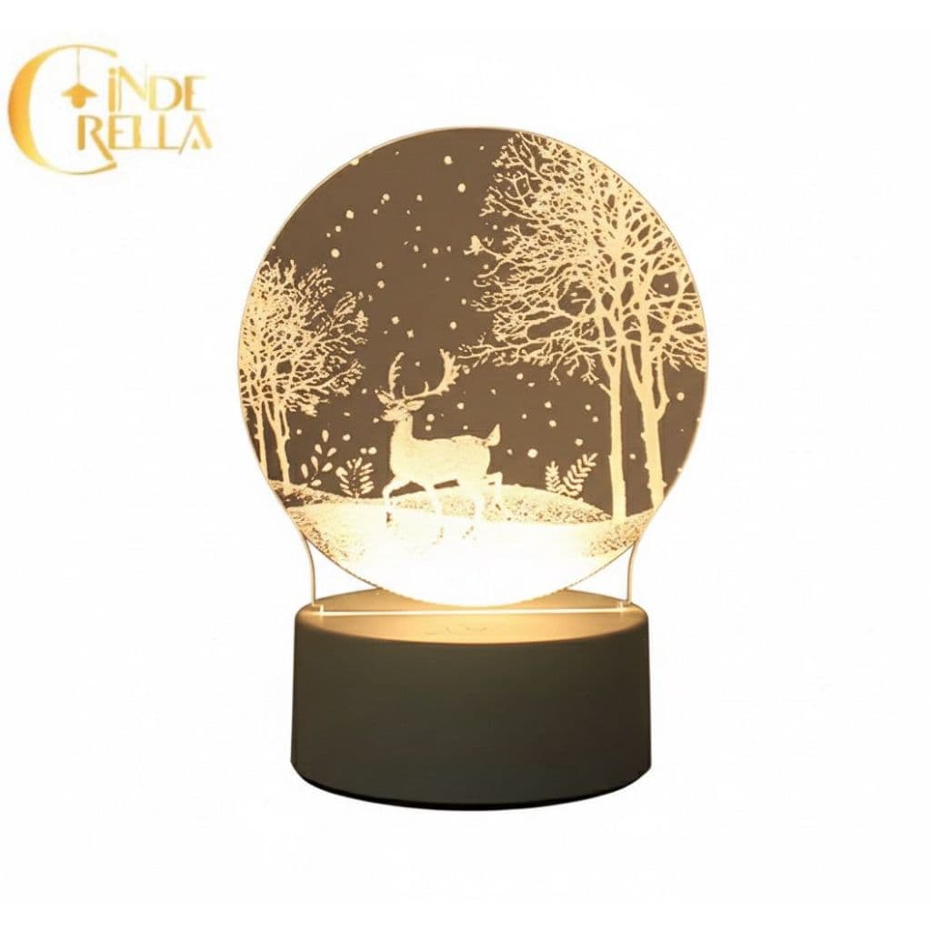 Luminária abajur  3D LED Criativa – Design Rena na Neve | Luz Branca Quente 3200K | USB