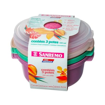 Conjunto 3 Potes Redondos Plástico Sanremo 530ML Coloridos