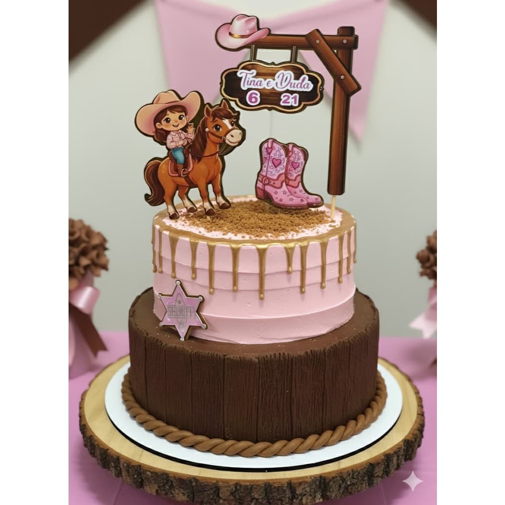Topo de Bolo Boiadeira Rosa Personalizado | Topper de bolo boiadeira /Cavalo Bota Decoração