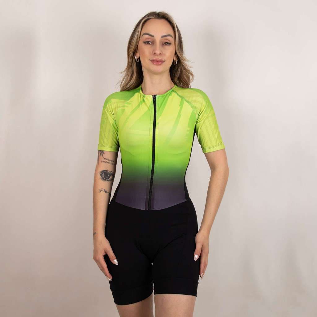 Macaquinho de Ciclismo Manga Curta Modelo  Vibe Neon Verde Feminino Conforto e Elegância