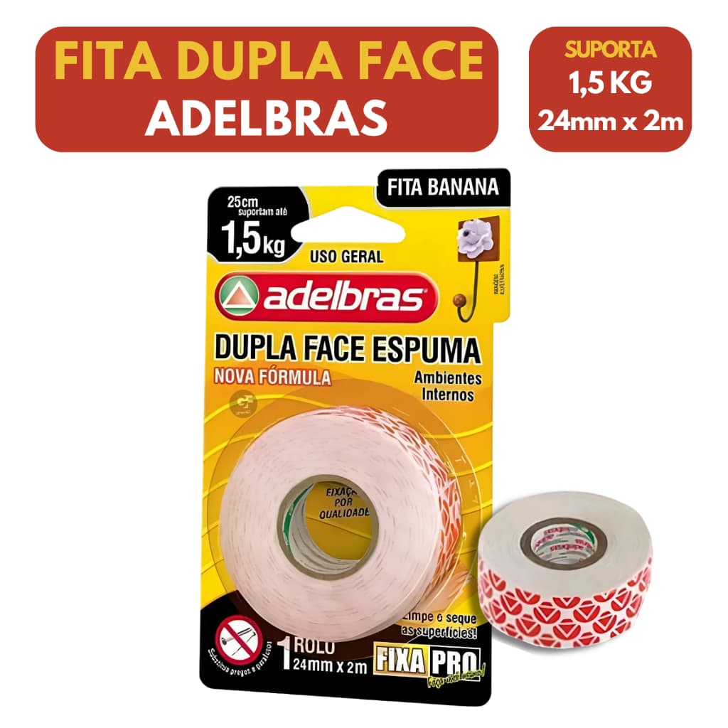 Fita Dupla Face Especial Adelbras 24mm x 2m Suporta Até 1,5kg Fita Banana Fixação Pesada Parede