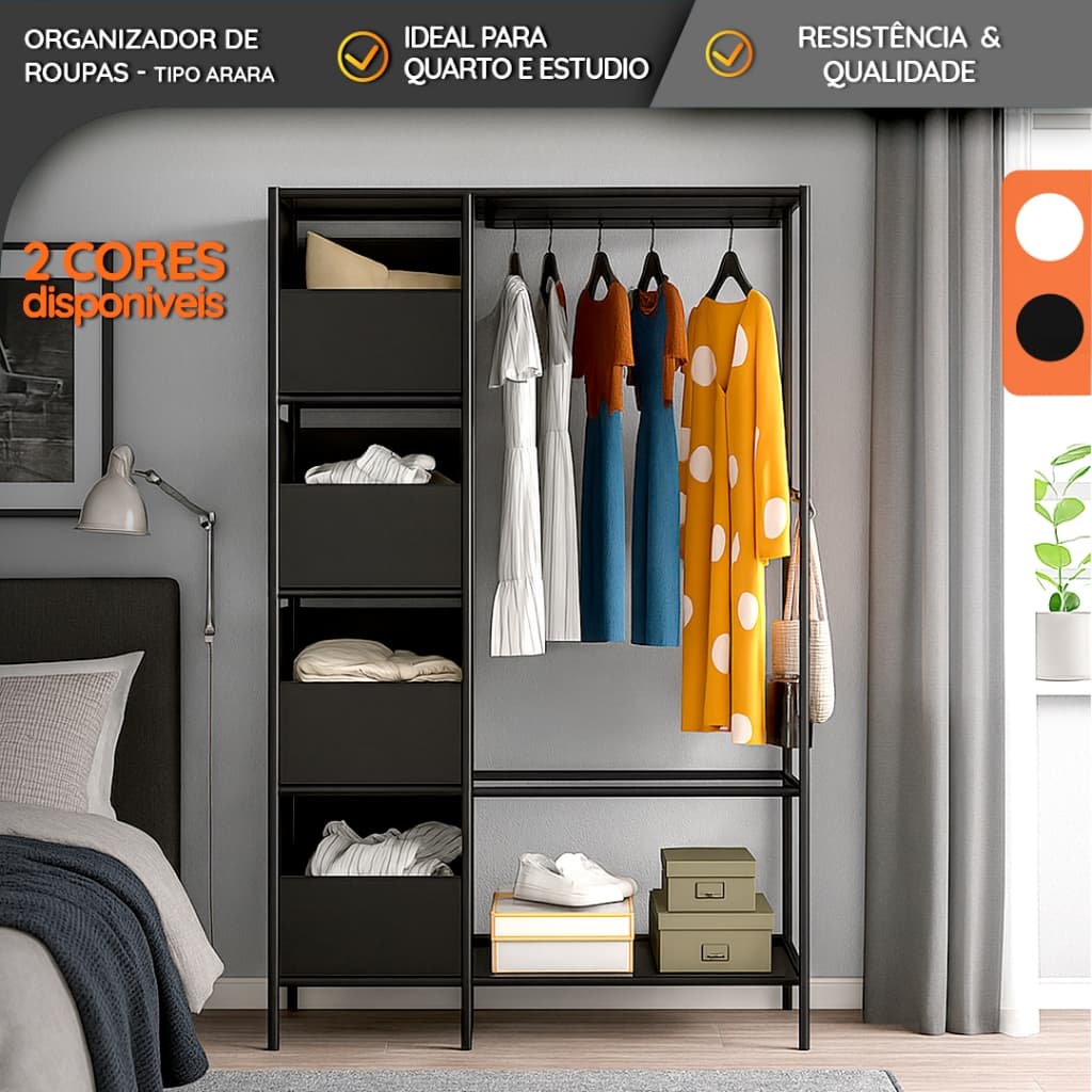Arara Cabideiro Organizador com Prateleiras e Ganchos Laterais – Design Clean e Estrutura Reforçada