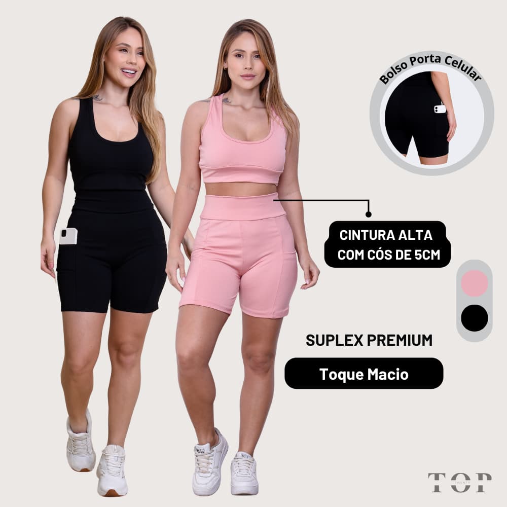 Conjunto Fitness Feminino Top Regata Cropped Costas Nadador Shorts com Bolso Porta Celular