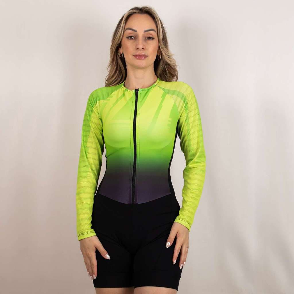 Macaquinho de Ciclismo Manga Longa Modelo  Vibe Neon Verde Feminino Conforto e Elegância forro em gel